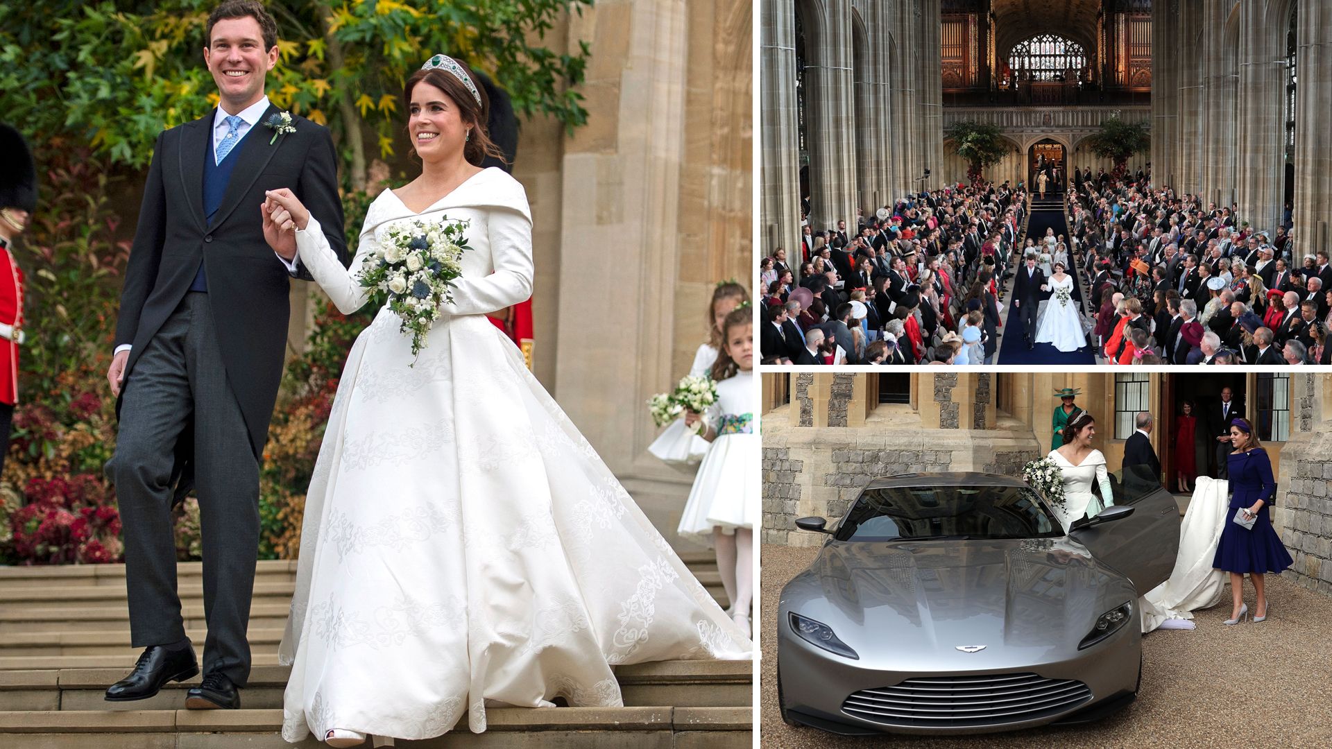 Princess Eugenie and Jack Brooksbank walking down the aisle and getting in the car following their wedding
