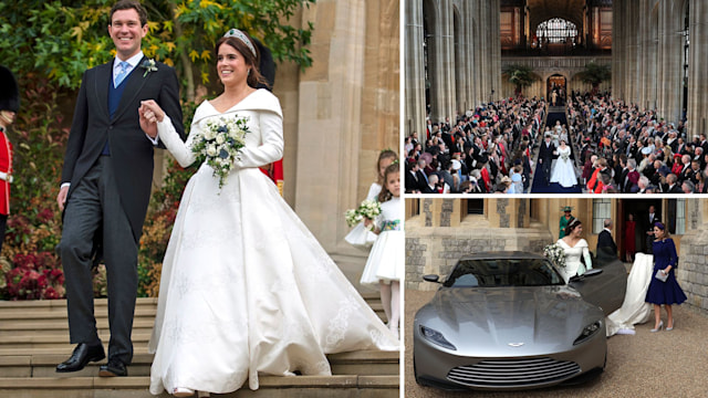 Princess Eugenie and Jack Brooksbank walking down the aisle and getting in the car following their wedding