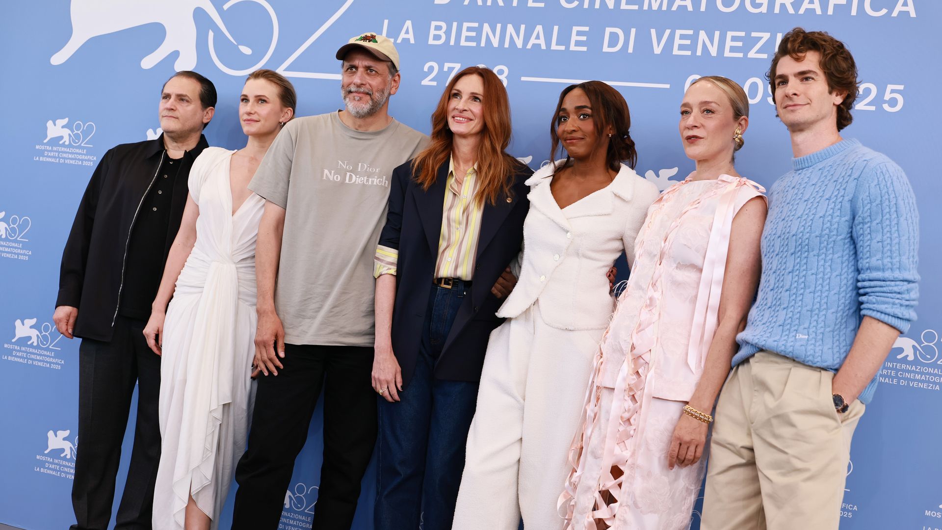 Michael Stuhlbarg, Nora Garrett, director Luca Guadagnino, Julia Roberts, Ayo Edebiri, ChloÃ« Sevigny and Andrew Garfield attend the "After The Hunt" photocall during the 82nd Venice International Film Festival on August 29, 2025 in Venice, Italy.