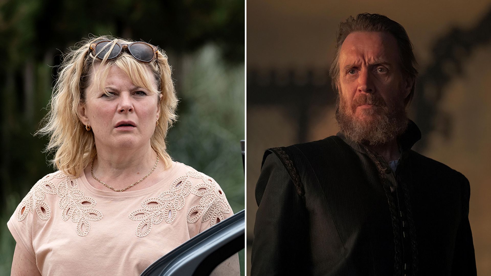 Split image of Monica Dolan in Sherwood and Rhys Ifans in House of the Dragon