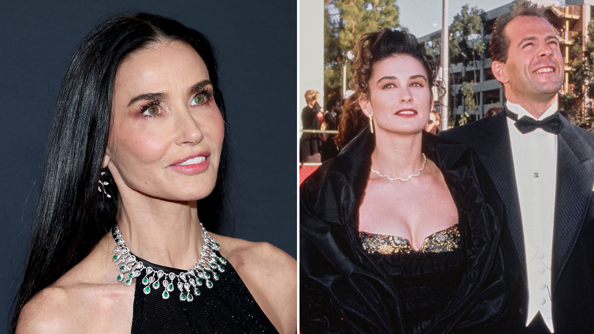 Demi Moore in black beside photo of her and Bruce Willis at awards ceremony in 90s