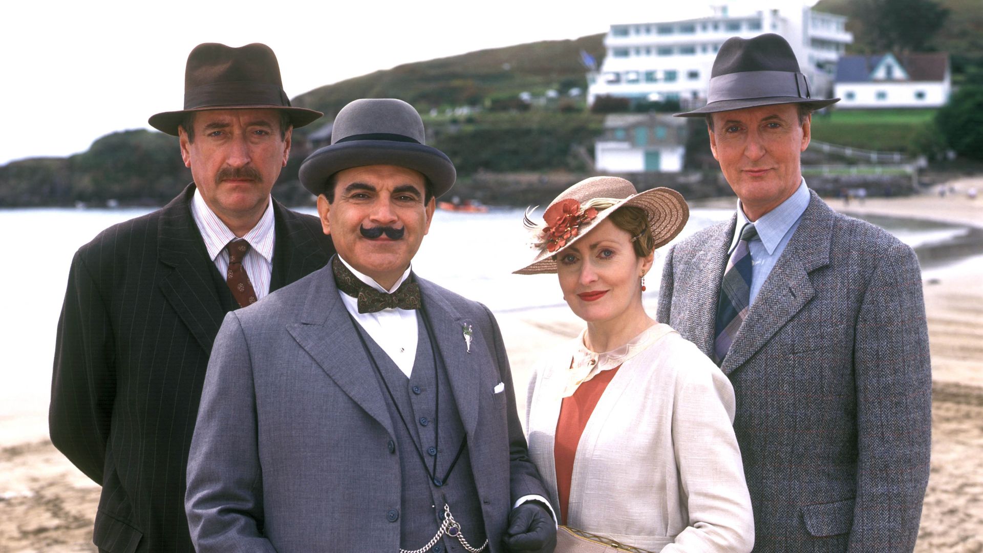 Philip Jackson as Chief Inspector Japp, David Suchet as Hercule Poirot, Pauline Moran as Miss Lemon and Hugh Fraser as Captain Hastings
'Agatha Christie - Poirot - Evil Under the Sun' TV Programme. - 2001