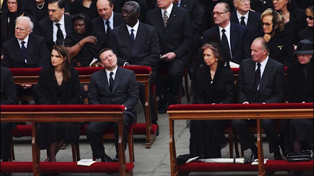Queen Rania and King Abdallah of Jordan, Queen Sofia and King Juan Carlos of Spain, Queen Margrethe of Denmark, French President Jacques Chirac and his wife Bernadette at the Funeral of Pope John Paul II at Saint Peter's Basilica in Rome, Italy 