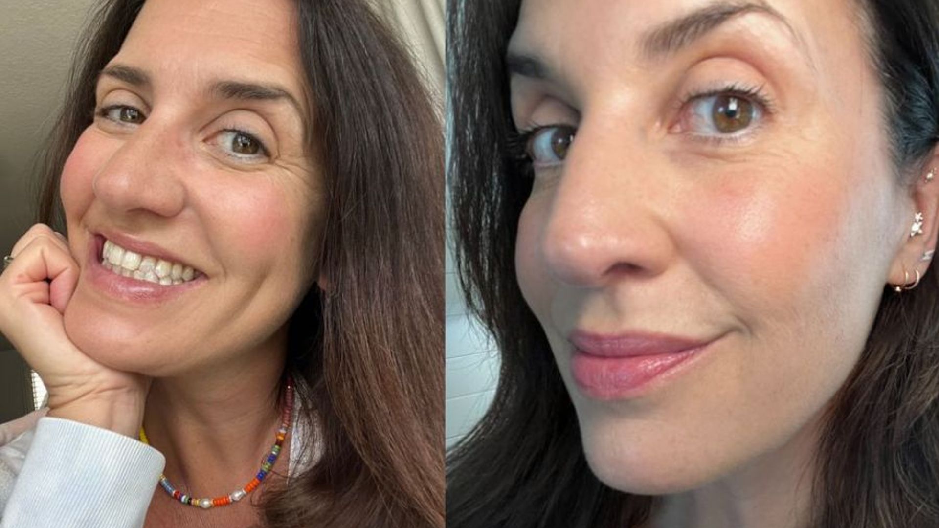 split screen photo of brunette woman smiling in selfies 