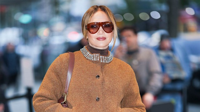 Jennifer Lopez is seen in Chelsea on November 03, 2024 in New York City wearing a tonal brown ensemble