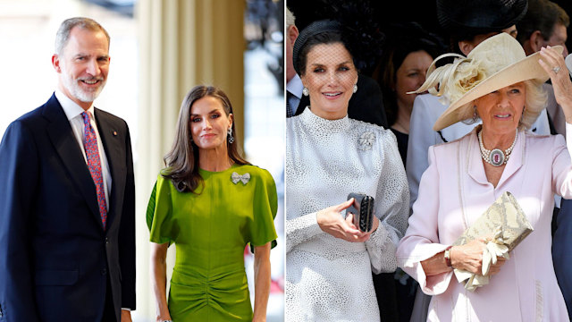 King Felipe and Queen Letizia, and Letizia with Queen Camilla