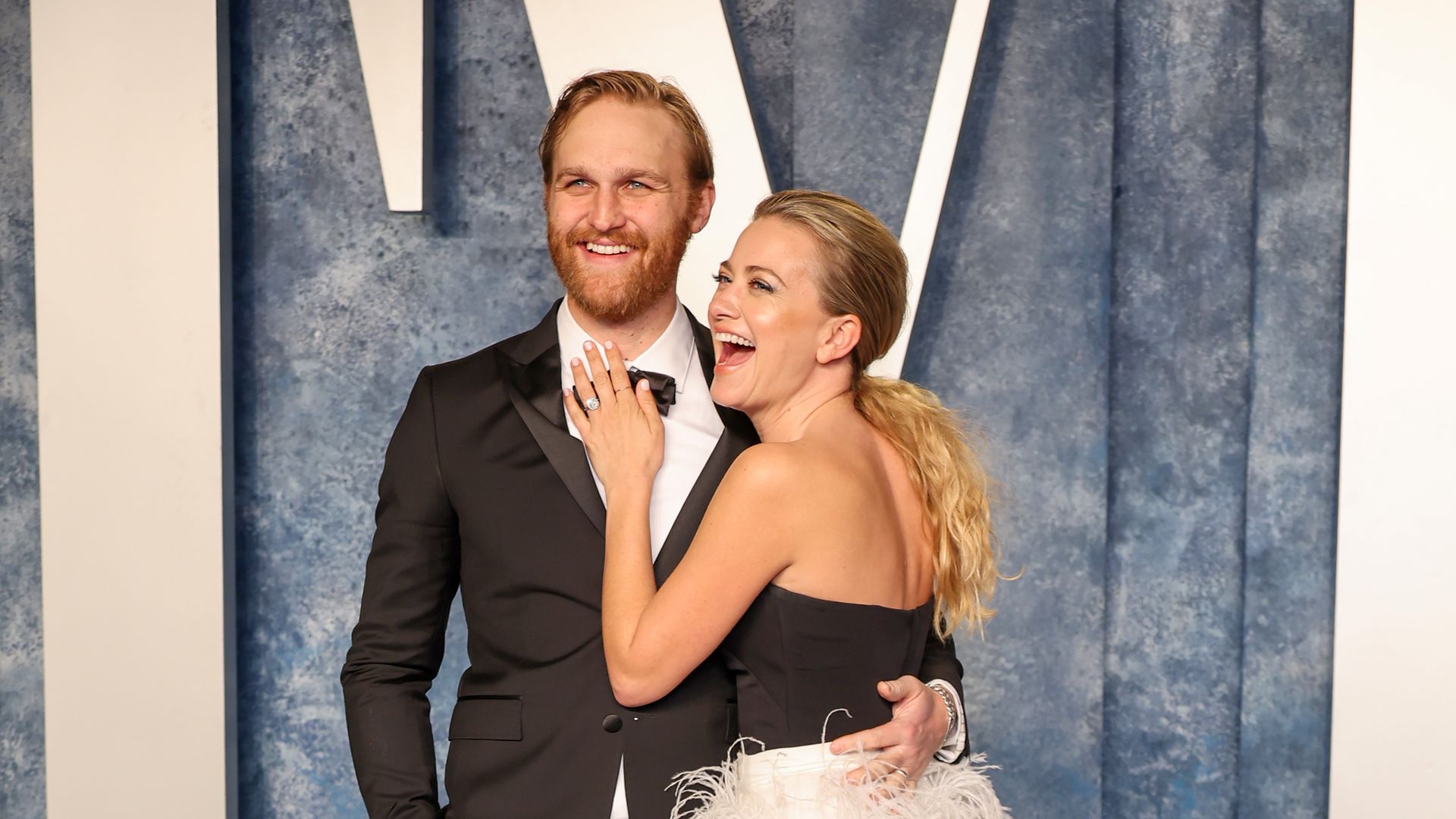 Wyatt Russell and Meredith Hagner attend the 2023 Vanity Fair Oscar Party Hosted By Radhika Jones at Wallis Annenberg Center for the Performing Arts on March 12, 2023 in Beverly Hills, California