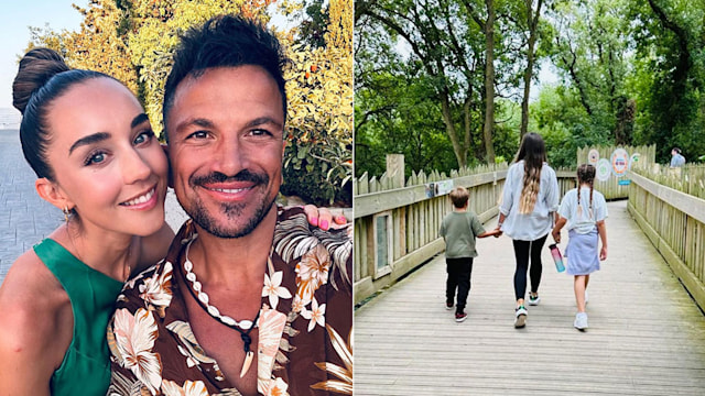 split image showing emily and peter andre and emily andre with two children 