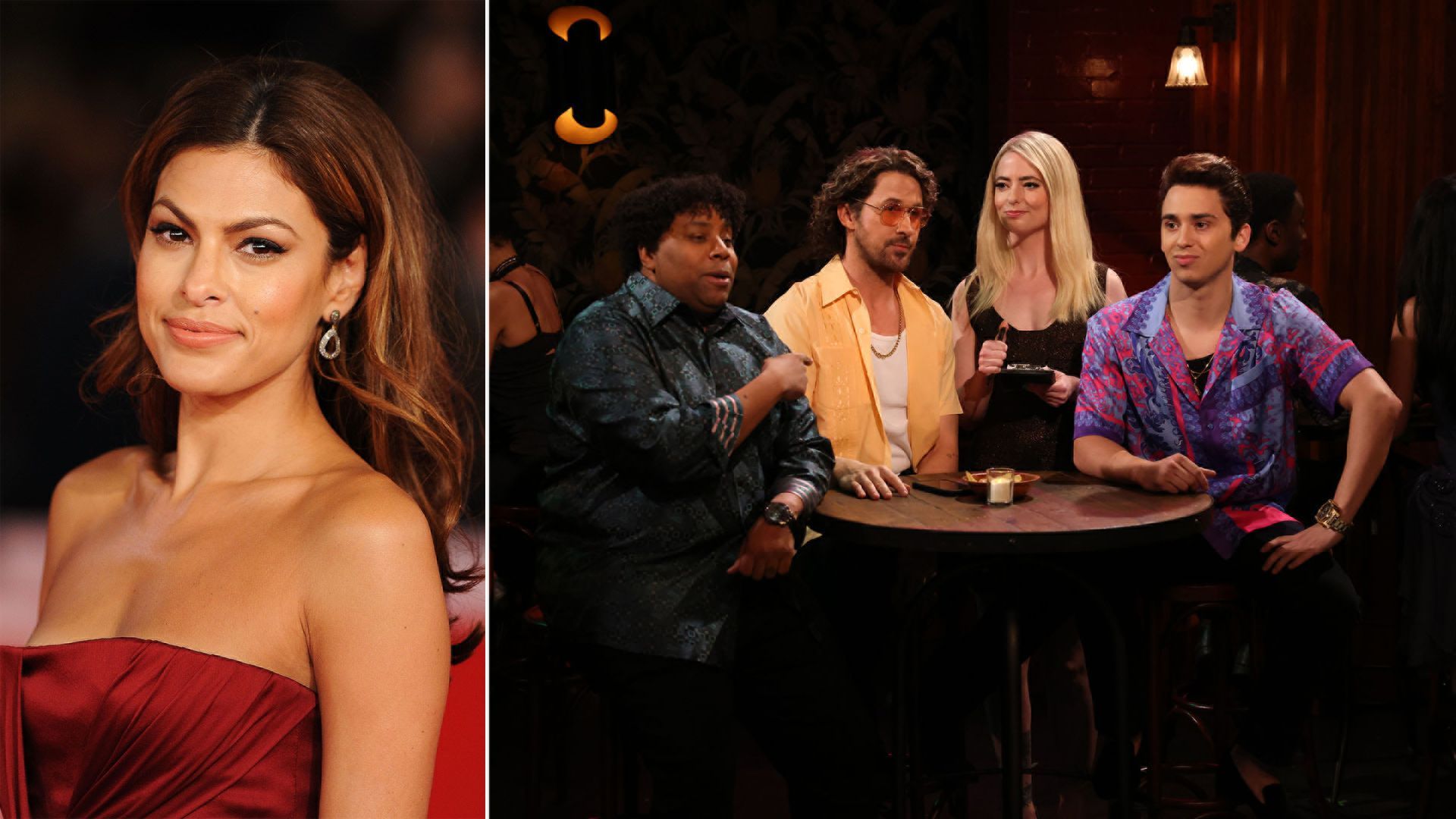 Left: Eva Mendes Right: SNL sketch featuring Kenan Thompson, Ryan Gosling, Marcello Hernandez and Sarah Sherman