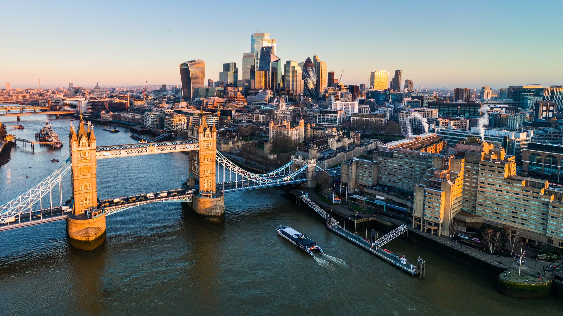Aerial View of Tower Bridge and the City of London at Sunrise, UK