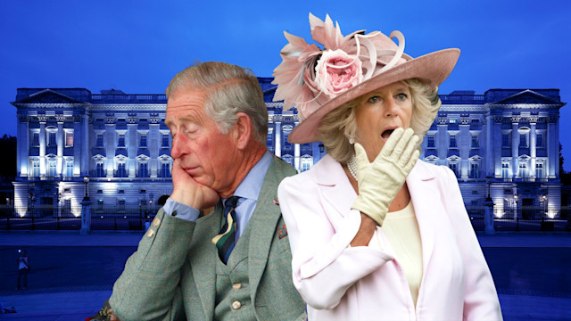 King Charles and Queen Camilla looking tired in front of Buckingham Palace