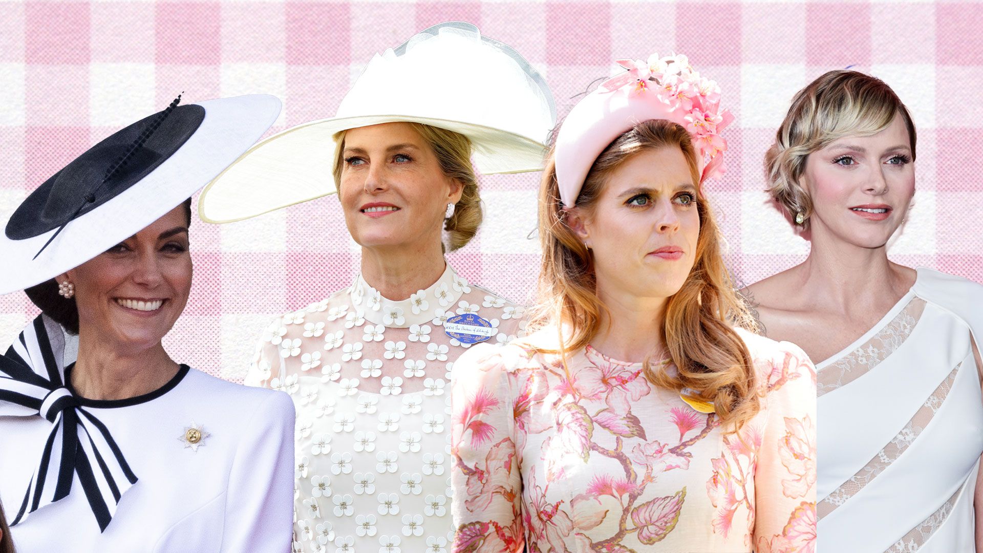 Princess Kate, Duchess Sophie, Princess Beatrice & Princess Charlene on gingham backdrop