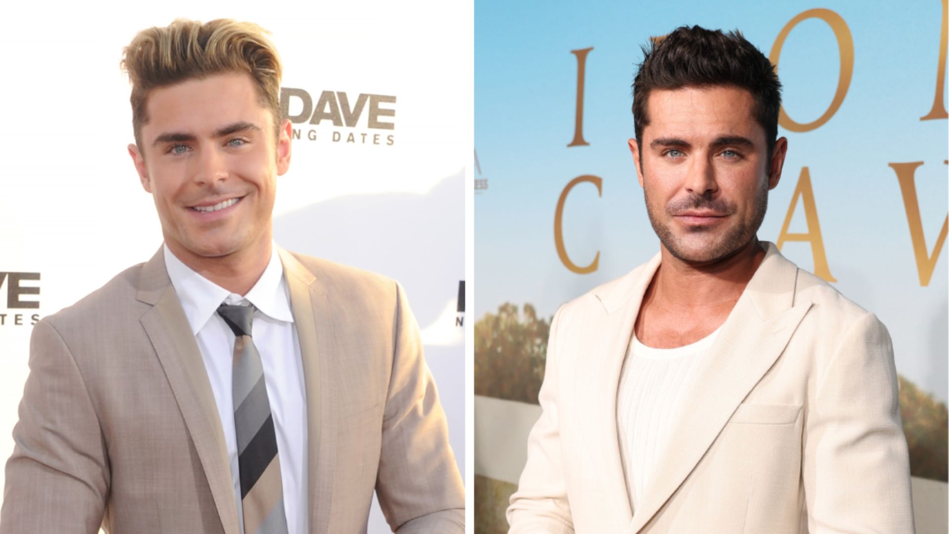 Split image of Zac Efron on the red carpet in 2016 (left) and in 2023 (right).
