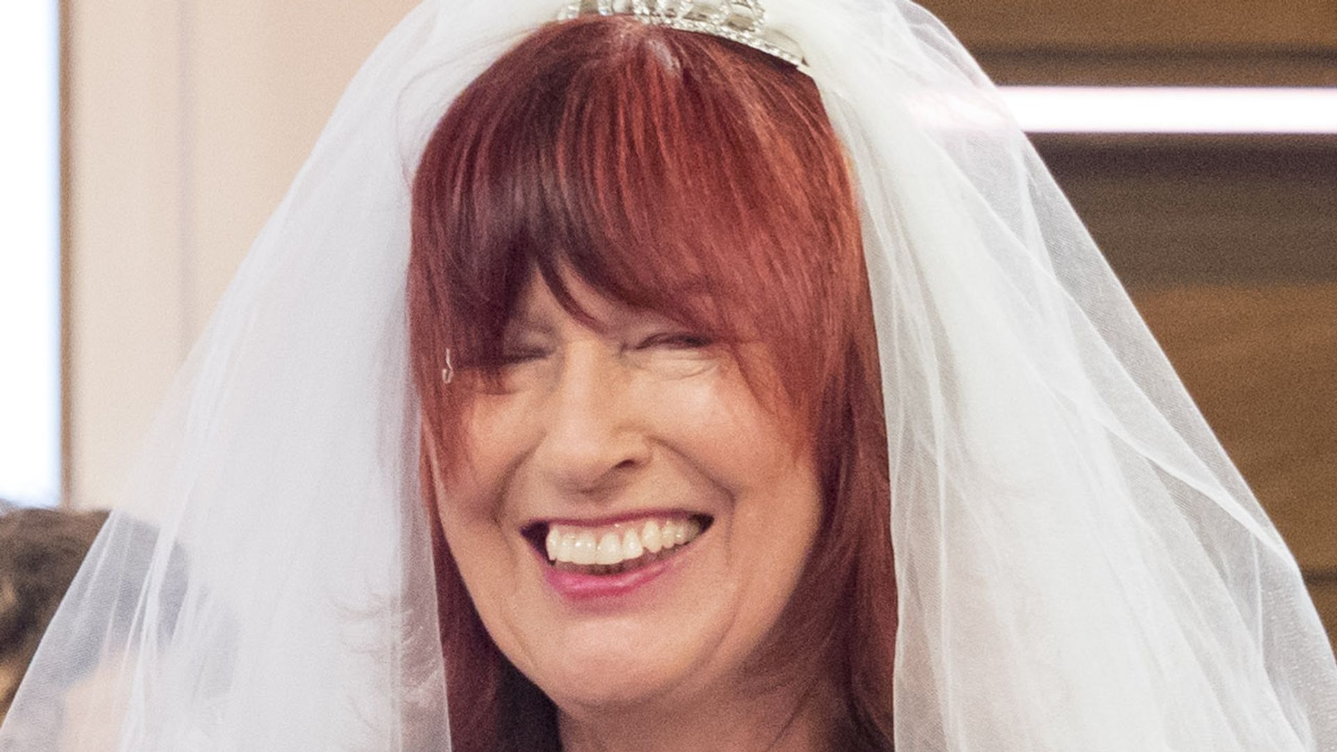 Janet Street-Porter wearing veil and carrying bouquet marrying herself on Loose Women