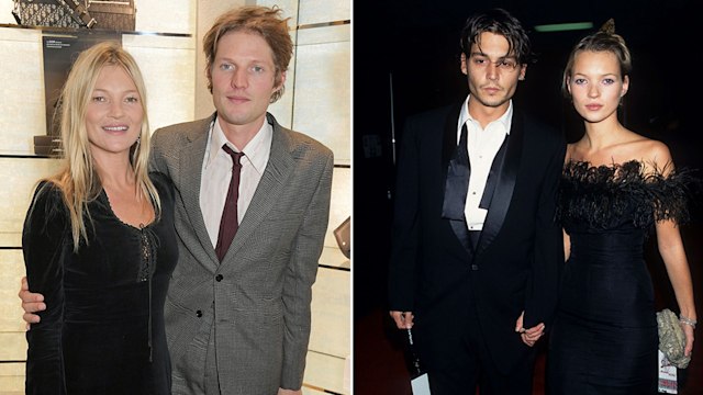 Split image of Kate Moss with Nikolai von Bismark and with Johnny Depp