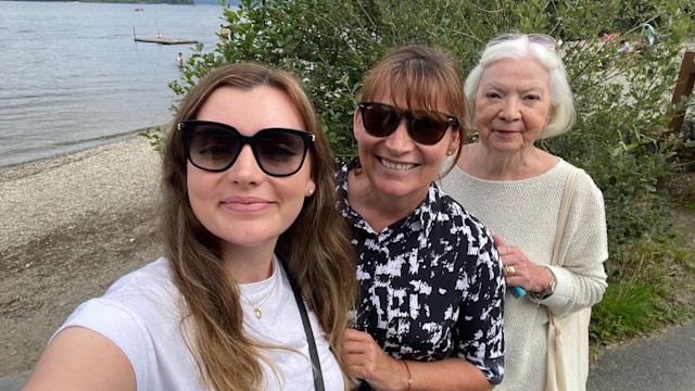 three women posing for selfie outside 