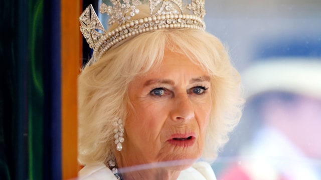 Queen Camilla who celebrates her 77th birthday today, wears 'The Diamond Diadem' made for King George IV by Rundell, Bridge and Rundell in 1820 and 'The Coronation Necklace' made by Garrard for Queen Victoria in 1858 as she travels down The Mall,