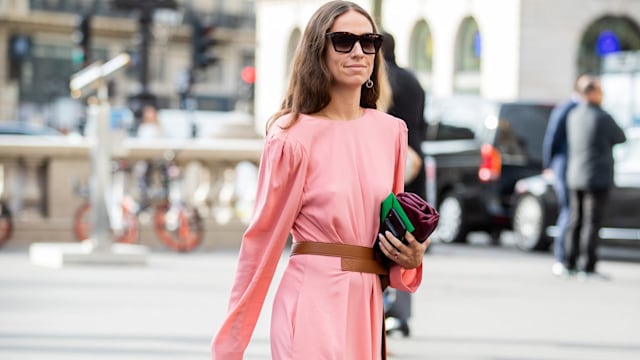 Erika Boldrin seen wearing pink dress with long sleeves outside Stella McCartney during Paris Fashion Week Womenswear Spring Summer 2020 on September 30, 2019 