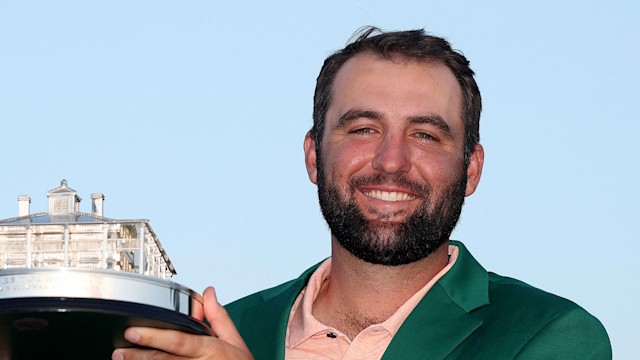 Scottie Scheffler of the United States poses with the Masters trophy after winning the 2024 Masters Tournament at Augusta National Golf Club on April 14, 2024 in Augusta, Georgia