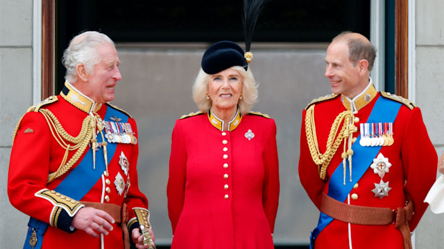 King Charles, Queen Camilla and Prince Edward on balcony of Buckingham Palace