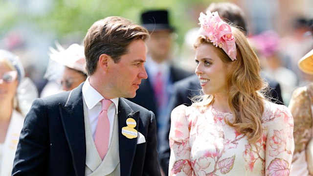 Edoardo Mapelli Mozzi in a suit and Princess Beatrice in a pink floral dres