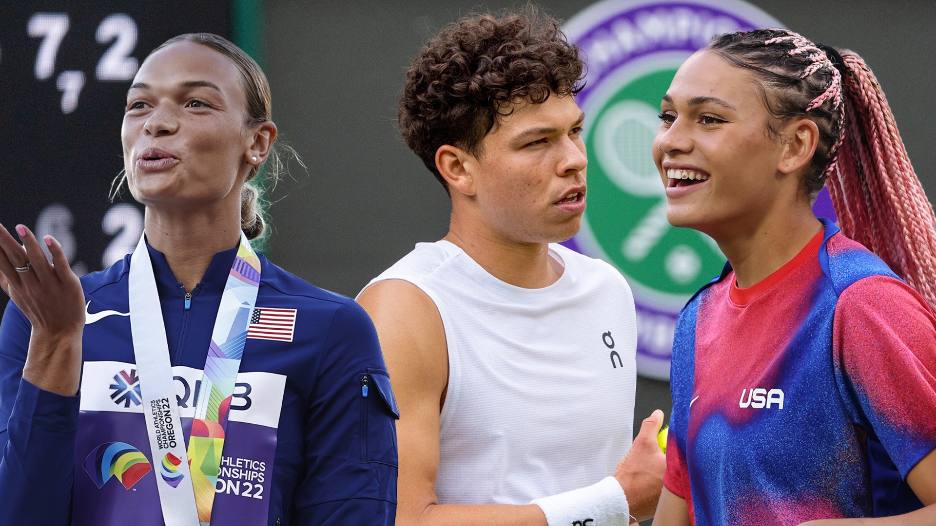 Creative image showing cut-outs of Anna Hall, Ben Shelton and Trinity Rodman on top of Wimbledon background