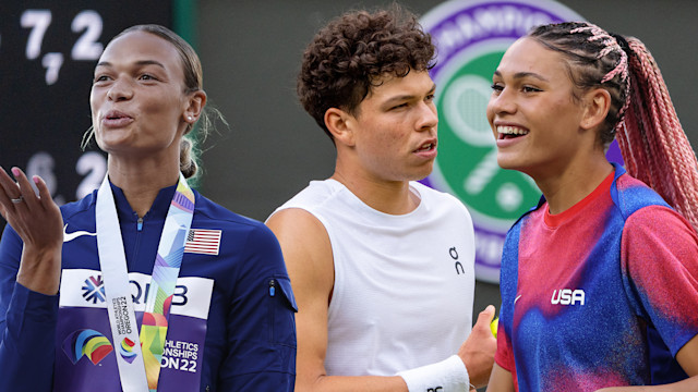 Creative image showing cut-outs of Anna Hall, Ben Shelton and Trinity Rodman on top of Wimbledon background