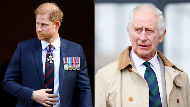 Prince Harry wearing medals and King Charles wearing beige coat