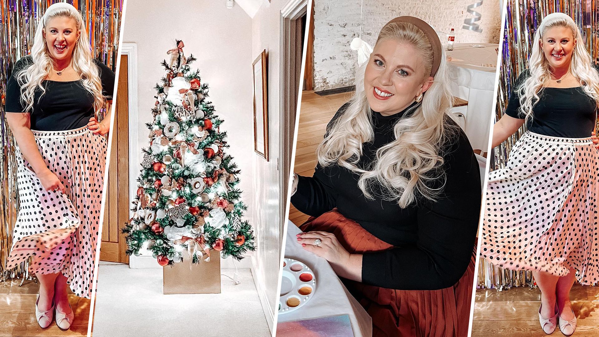 Split screen of a woman with her xmas decorations 