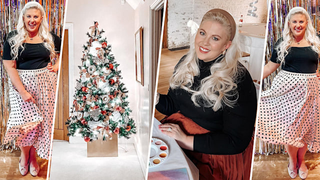 Split screen of a woman with her xmas decorations 