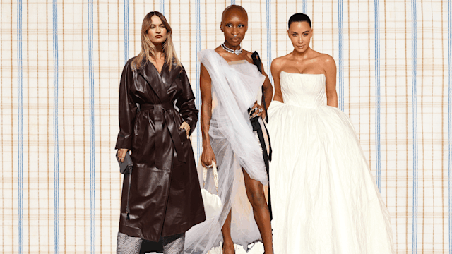 lily james in brown coat, cynthia erivo and kim kardashian in white dresses with check backdrop
