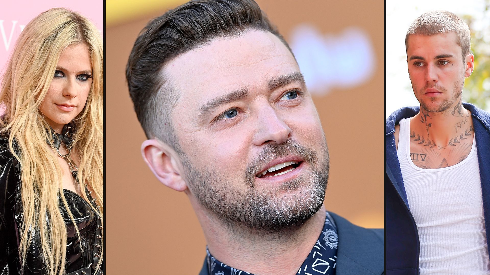 split screen of Avirl Lavigne, Justin Bieber and Justin Timberlake