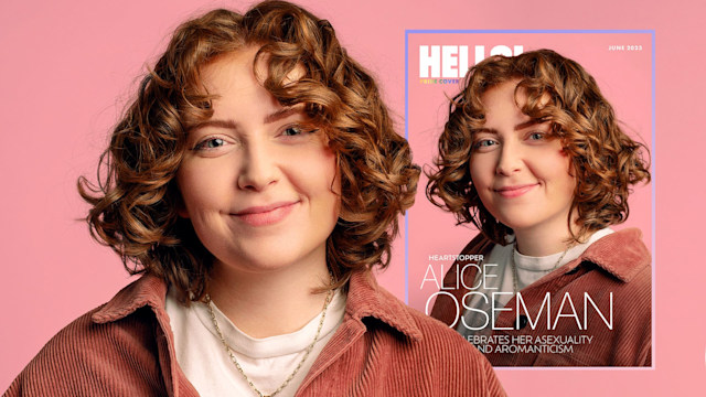 Alice Oseman smiling against a pink background, a Hello cover featuring a similar photo is also in the background to her right side