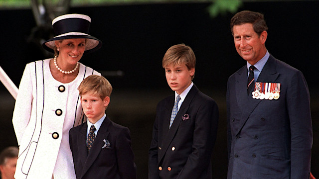 Prince Charles and his sons in suits alongside Diana, at an engagement in 1994