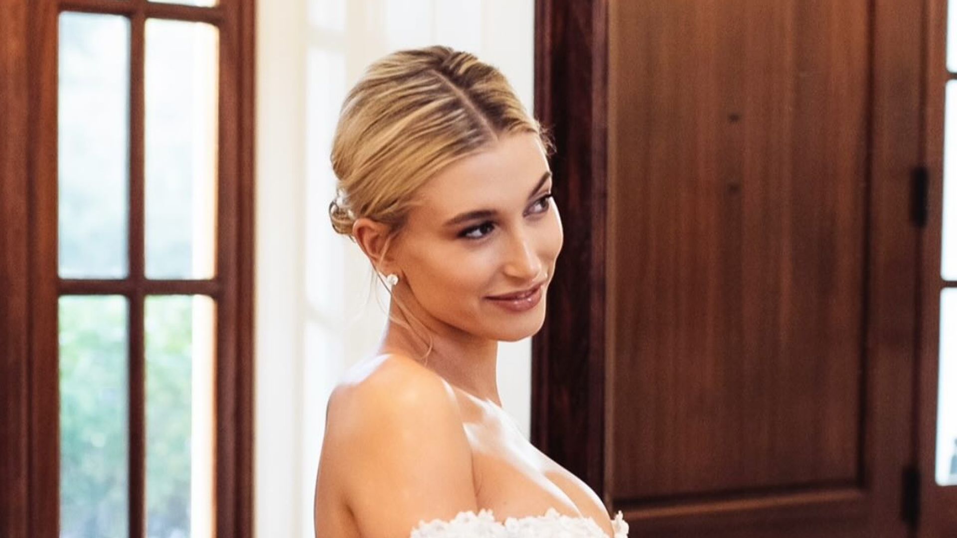 Hailey stunned in a lace Off-White dress for her wedding