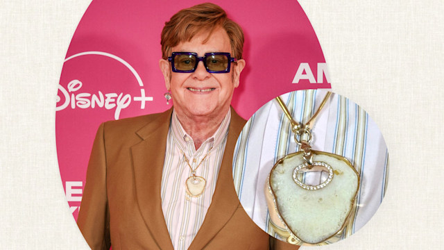 Elton John collage of him and his kneecap necklace