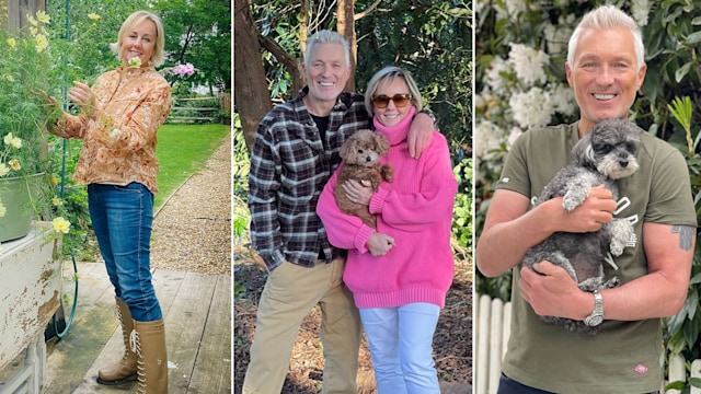 Three split images showing Shirlie and Martin Kemp in their garden at home