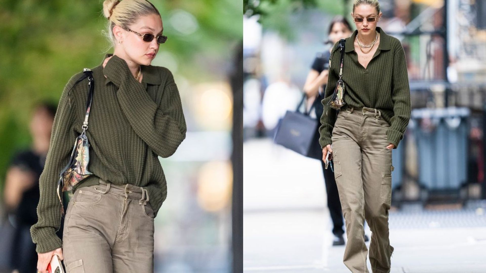 Gigi Hadid looks chic in a white shirt and black trousers during a solo  outing in