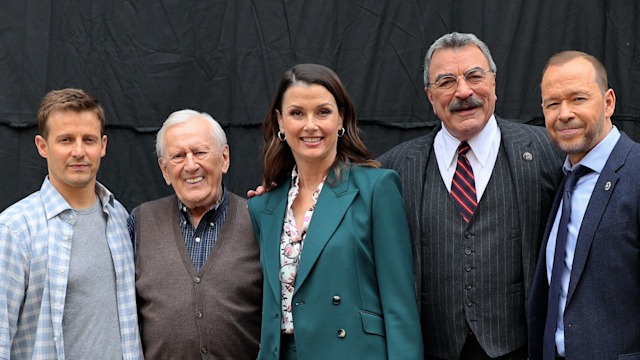 Will Estes, Len Cariou, Bridget Moynahan, Tom Selleck and Donnie Wahlberg are seen on the set of "Blue Bloods" in Greenpoint, Brooklyn on May 01, 2024 in New York City.