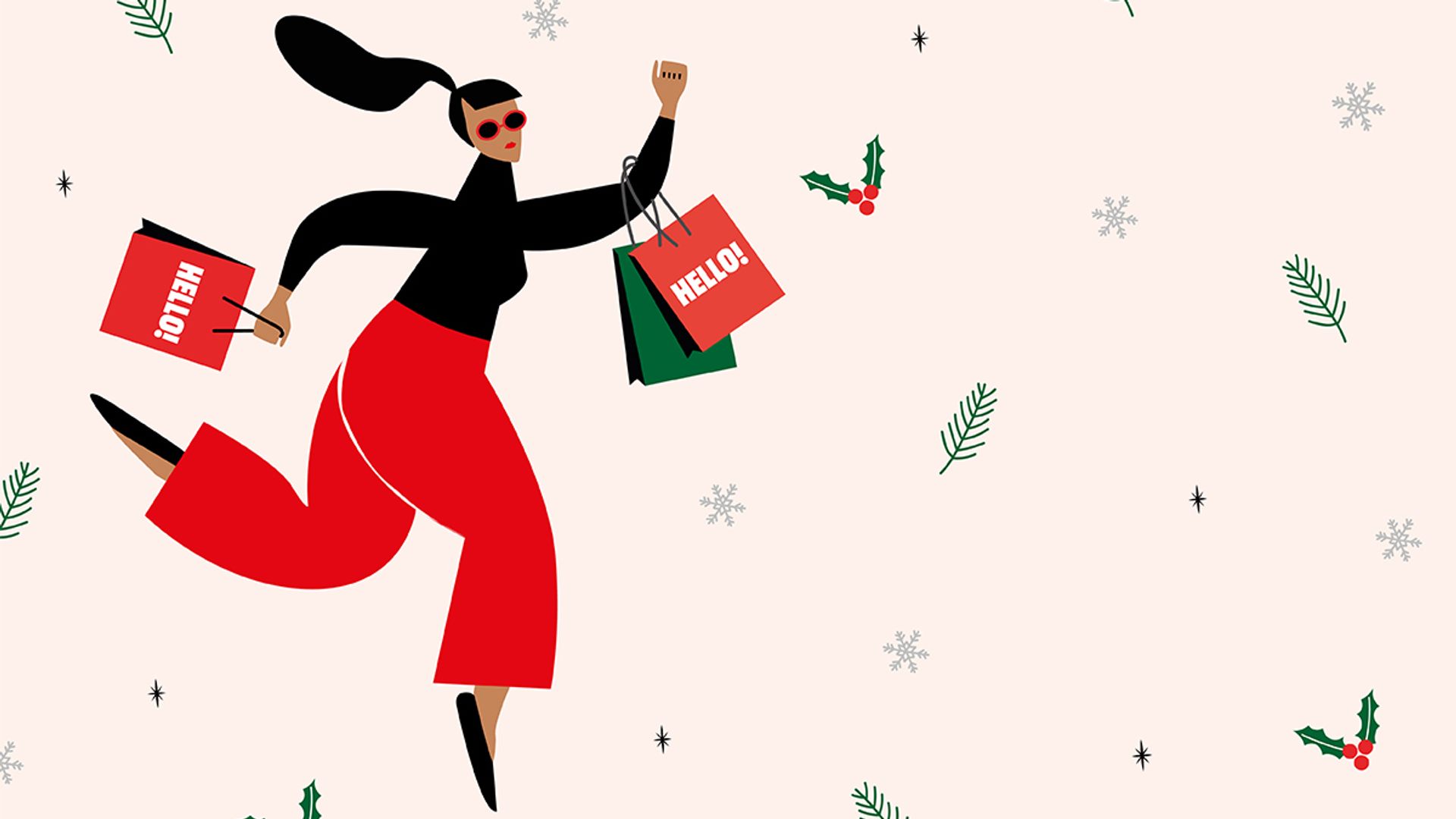 Graphic of woman running with HELLO! shopping bags