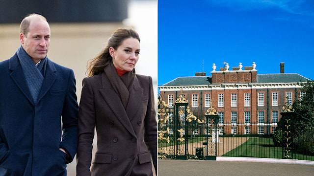 split image of prince william and princess kate with image of royal london palace