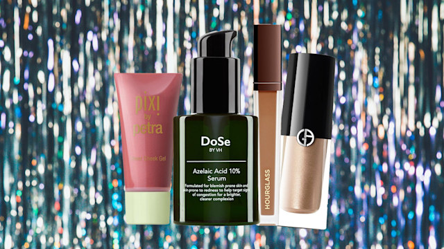 a collection of beauty products on top of a glitter background 