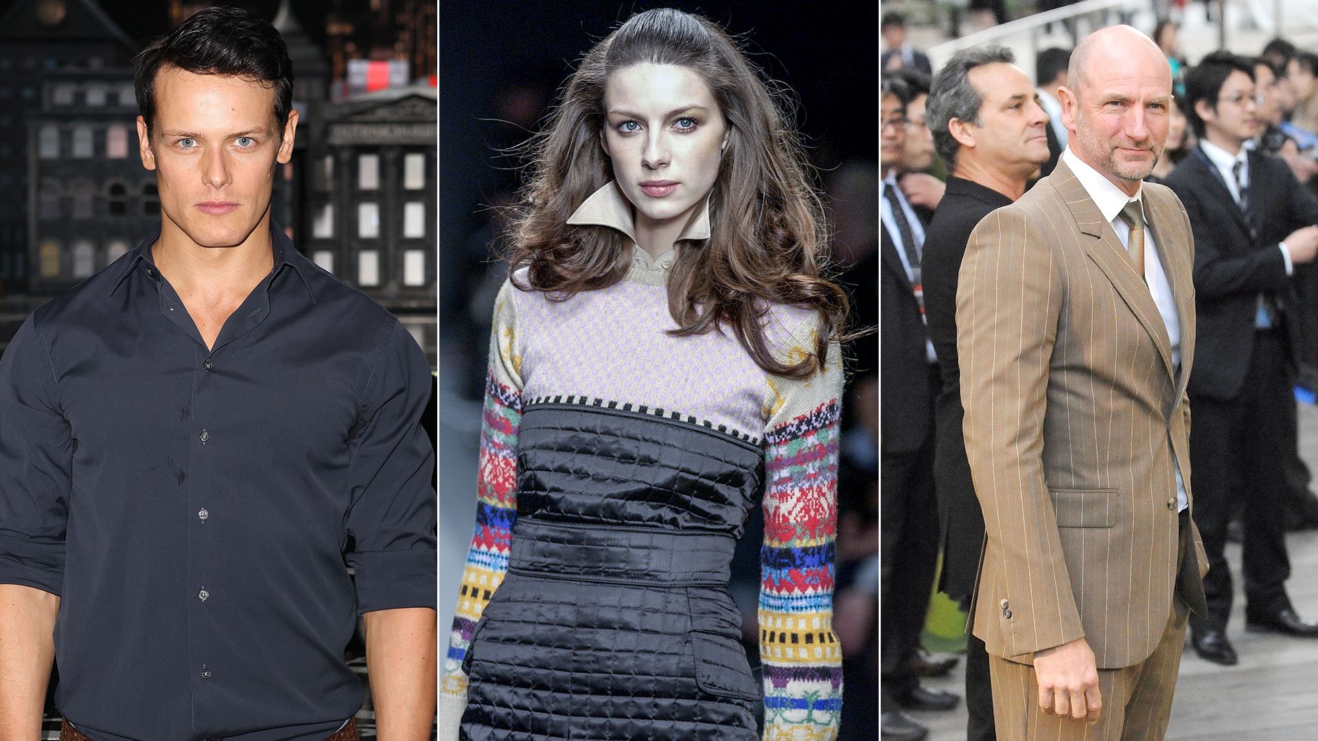 Split image of Sam Heughan, Caitriona Balfe and Graham McTavish 