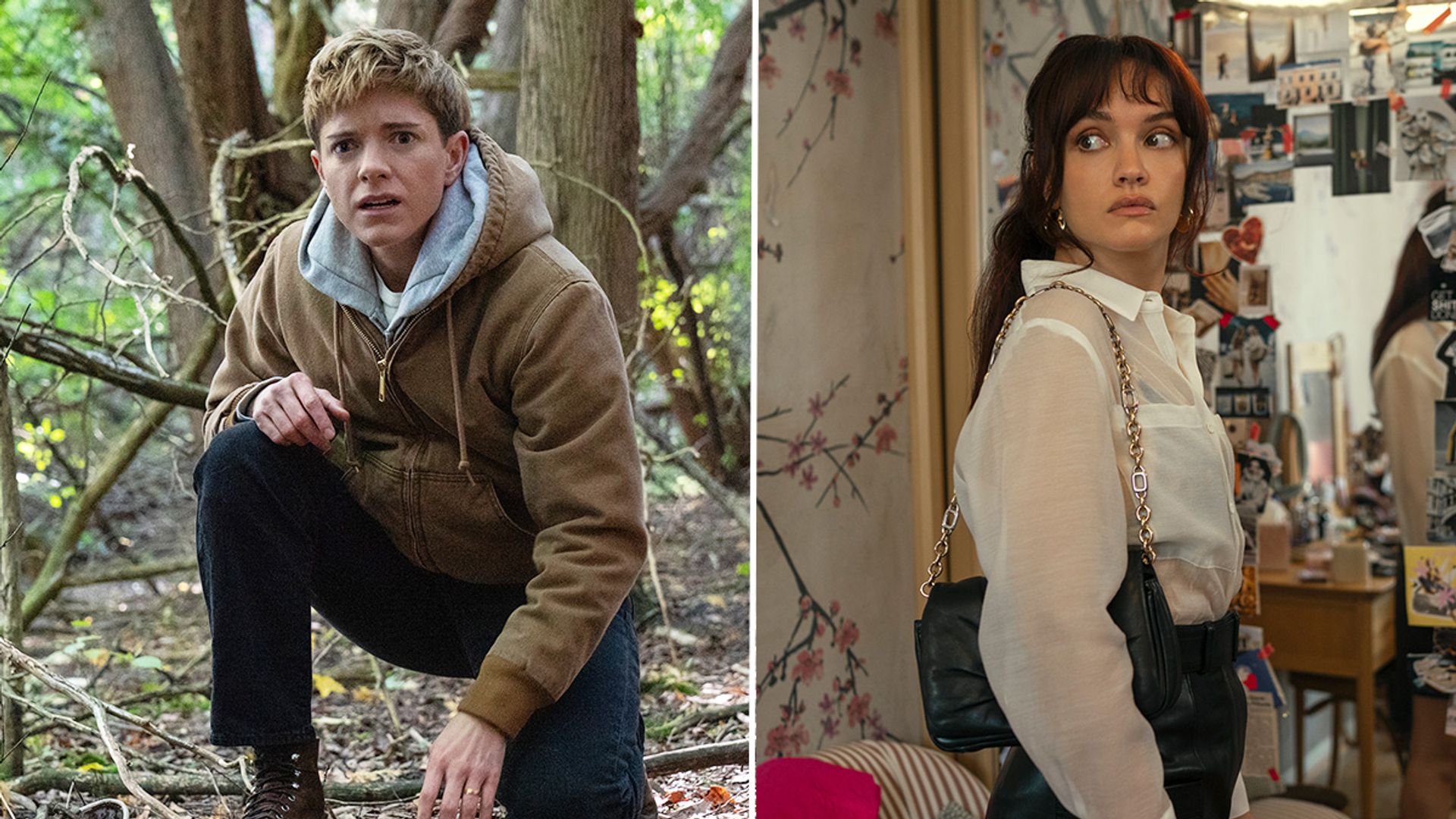 split image, woman crouching down in woods, woman looking over shoulder in clothing shop