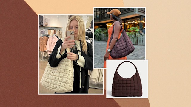 split image marks and spencer quilted bag on brown background