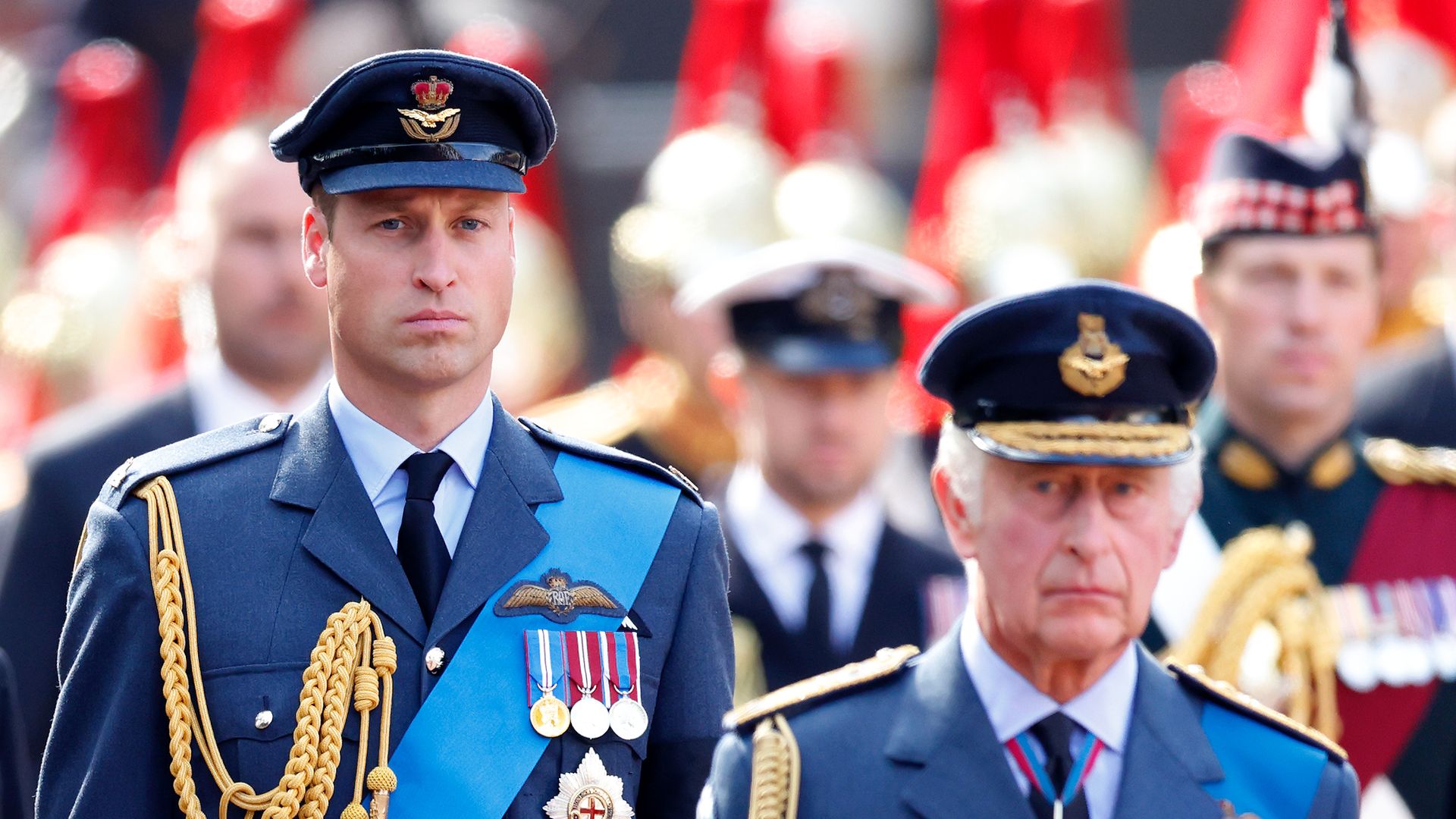 Prince William and King Charles walk behind Queen Elizabeth II's coffin 