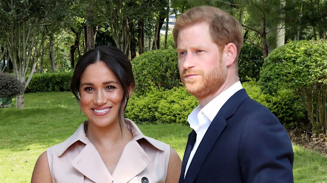 Meghan and Harry with garden backdrop