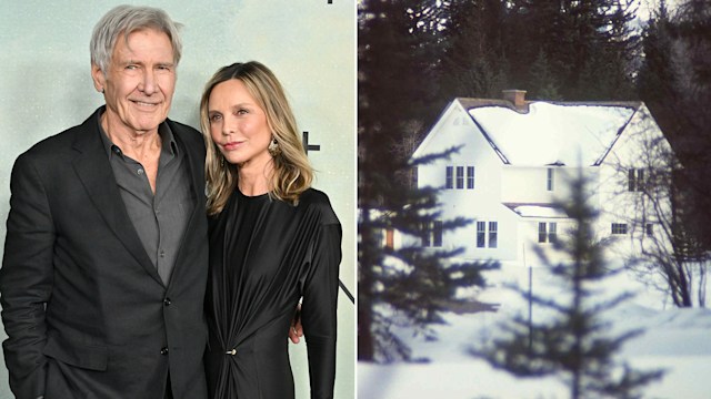 split image showing Harrison Ford and Calista Flockhart at event and another showing his Wyoming ranch