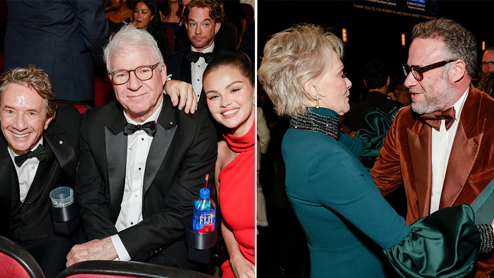 split image: group of three people smiling for photo from theatre seats, two people greeting each other in dimly lit room