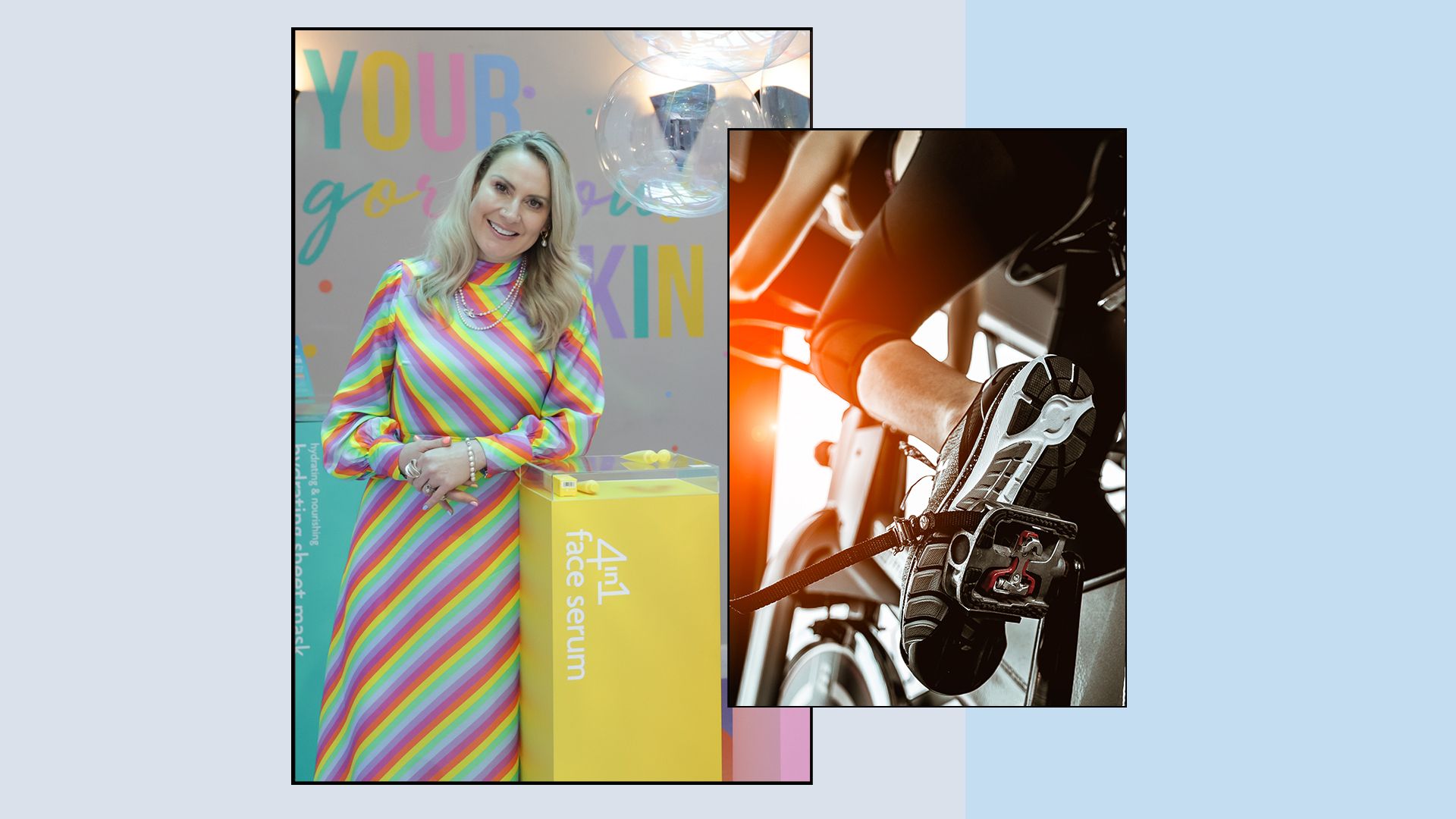 split screen photo of a woman in a rainbow dress and a person on an exercise bike